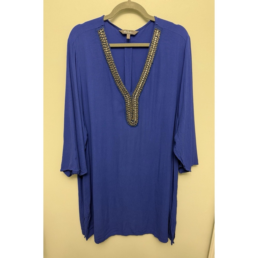 Ulla Popken Tunic Dress Plus Size 24 26 Blue Embellished‎ Beaded V-Neck Caftan